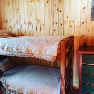 Zimmer mit einem Etagenbett und einer Holzwand in der Unterkunft Cabañas Los Ñires in Moquehue