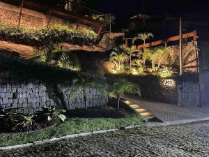 un jardín con palmeras y luces en la pared en Casa com Piscina, Rede Suspensa e Praia Privativa, en Mangaratiba