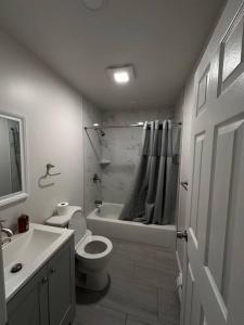 a white bathroom with a toilet and a sink at Home sweet home in woods in Tobyhanna