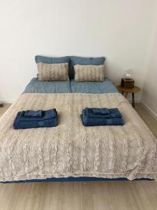 łóżko z dwoma niebieskimi ręcznikami na górze w obiekcie Bed House By Me 2 w mieście Vester-Skerninge