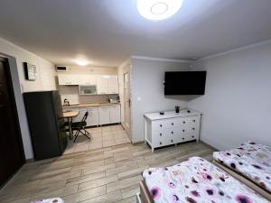 mały pokój z 2 łóżkami i kuchnią w obiekcie Pod Czereśnią w Szczecinie