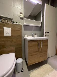 a bathroom with a white toilet and a sink at Luxury Getaway Apartment in Skopje