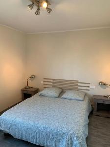 1 dormitorio con 1 cama azul y 2 mesitas de noche en Appartement T3 - 70m² - L'Espérance, en La Seyne-sur-Mer