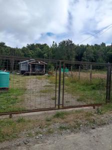 einen Zaun vor einem Feld mit einem Haus in der Unterkunft Cabaña Los Ulmos in Castro