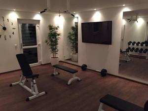 a gym with two chairs and a flat screen tv at Haus Respirada NRW mit großem Wellnessbereich, Gym in Meckenheim