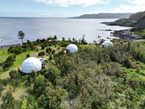 an aerial view of three domes on a hill next to the ocean at Huiro Lodge in Puerto Corral