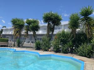 a swimming pool with palm trees in front of a building at Apple Motor Inn in Hastings