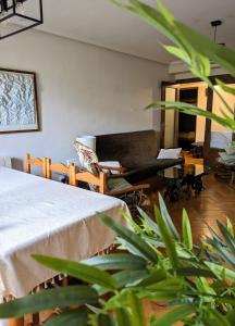 ein Wohnzimmer mit einem Sofa und einem Tisch in der Unterkunft Piso Grande La Viña in Biescas