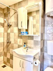 y baño con lavabo y ducha. en Apartments Bella, en Kotor