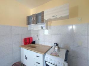 uma pequena cozinha com um lavatório e um fogão em Apartamento para 4 pessoas, frente ao mar em Florianópolis