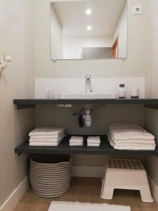 een badkamer met een wastafel en een plank met handdoeken bij La Vaillante in Saint-Valery-sur-Somme