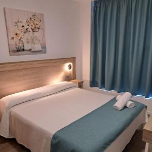 a bedroom with a bed with a blue curtain at Apartamentos turisticos Ávila Puerta del Carmen 0-3 in Avila