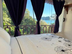 a bedroom with a bed and a large window at Hotel Coco Beach in Manuel Antonio