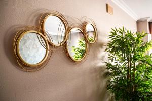 un miroir en or sur un mur avec deux plantes dans l'établissement Alojamiento GOLDEN SUITE, à Ribeira
