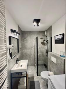 een badkamer met een wastafel, een toilet en een douche bij Apartament Przytuly 4, self check in, parking, blisko lotniska in Rzeszów