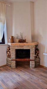 a living room with a stone fireplace with a mantle at Il rifugio di Claudia in Ovindoli