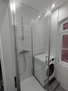 a bathroom with a shower and a washing machine at Nah an Mercedes-Werke in Stuttgart