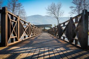 un puente de madera sobre un cuerpo de agua en Vital Göl Sapanca Isıtmalı Havuzlu Bungalov & Villa, en Sapanca