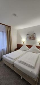 ein Hotelzimmer mit 2 Betten und einem Fenster in der Unterkunft Hotel Garni Vierjahreszeiten in Bad Staffelstein