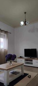 a living room with a tv and a table with purple flowers at Apartamento da Matilde in Santa Cruz das Flores
