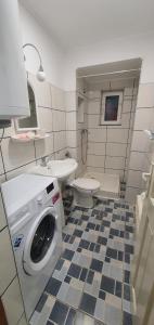 a bathroom with a washing machine and a toilet at Apartament Atoosa cu vedere la munte in Sinaia
