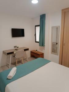 ein Schlafzimmer mit einem Bett, einem Schreibtisch und einem Fernseher in der Unterkunft Apartamentos turisticos Ávila Puerta del Puente 1-3 in Avila + 7 Fotos