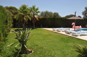 un patio con una piscina con tumbonas y una palmera en sa rapita paradise en Sa Ràpita