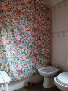 baño con aseo y cortina de ducha con motivos florales en Casa de campo en tafi del valle en San Miguel de Tucumán