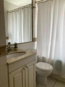 a bathroom with a toilet and a sink and a mirror at Acogedor Departamento amoblado Viña del Mar Poniente 2D 1B in Viña del Mar