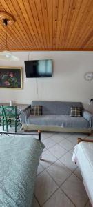 a living room with couches and a flat screen tv at Home garden and big parking in Tripolis