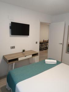 Zimmer mit einem Bett und einem TV an der Wand in der Unterkunft Apartamentos turisticos Ávila Puerta de San Isidro 1-4 in Avila