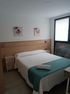 ein Schlafzimmer mit einem Bett mit einer grünen Decke und einem Fenster in der Unterkunft Apartamentos turisticos Ávila Puerta de San Isidro 1-4 in Avila