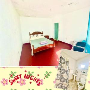 a small room with a bed and a bathroom at Pensão CasaDanilo in Portela