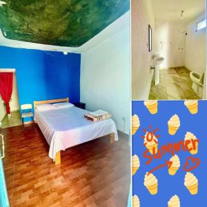 2 fotos de un dormitorio con cama y baño en Pensão CasaDanilo en Portela