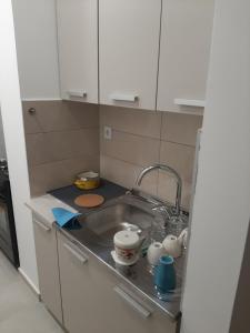a kitchen counter with a sink with dishes on it at Oaza Apartment Mirijevo, Free Garage Parking in Belgrade