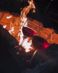 um copo de vinho tinto em frente a uma lareira em Chalé Na coruja com SPA jacuzzi 7,5km centro Águas com CORTESIA em Águas de Lindóia