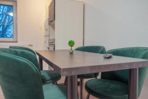 a conference room with a table and green chairs at Hera's Bohemian Home in Arad