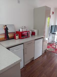 a kitchen with white appliances and a counter top at Colchester Town, modern, detached, guest house in Colchester