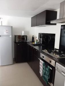 a kitchen with a white refrigerator and black cabinets at Appartement Cosy avec Jardin in Vaux-sur-Seine