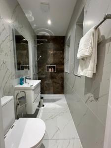 a white bathroom with a toilet and a sink at Luxurious London Studios in Harrow +16 photos