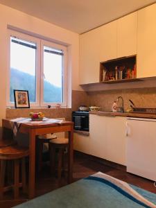Una cocina con una mesa, un fregadero y una estufa. en Studio-Apartman Dream018, en Brzeće