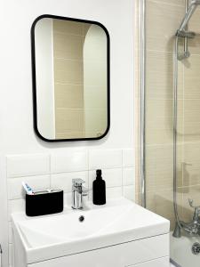 a bathroom with a white sink and a mirror at Luxury London Two Bedroom Apartment in West Dulwich