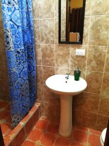 een badkamer met een wastafel en een blauw douchegordijn bij Studio in Samara. A/C. H/W. 35m2. 200mts to the beach. in Sámara