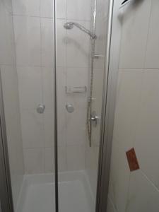 una doccia con porta in vetro in bagno di Scheurerhof a Tux