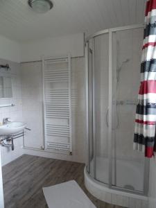 ein Bad mit einer Dusche und einem Waschbecken in der Unterkunft Scheurerhof in Tux