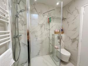 een badkamer met een douche en een toilet bij Cosy Louvre in Parijs