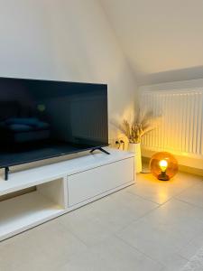 a living room with a large flat screen tv at FeWo AS 5 One Bamberg in Hallstadt