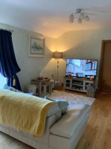 a living room with a couch and a flat screen tv at Bees cottage Luxury 5* Holiday cottage with Hot Tub in Scarborough