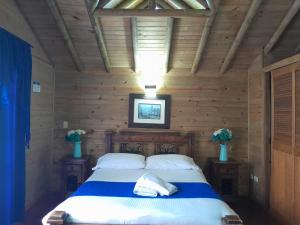 Un dormitorio con una cama en una cabaña de troncos en Cabañas Filadelfia, en Santa Rosa de Cabal 37 fotos más