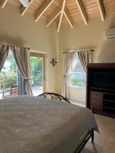 a bedroom with a bed and two windows at COCONUT BREEZE VILLA: MESMERIZING VIEWS, COOLING TRADEWINDS in Coral Bay